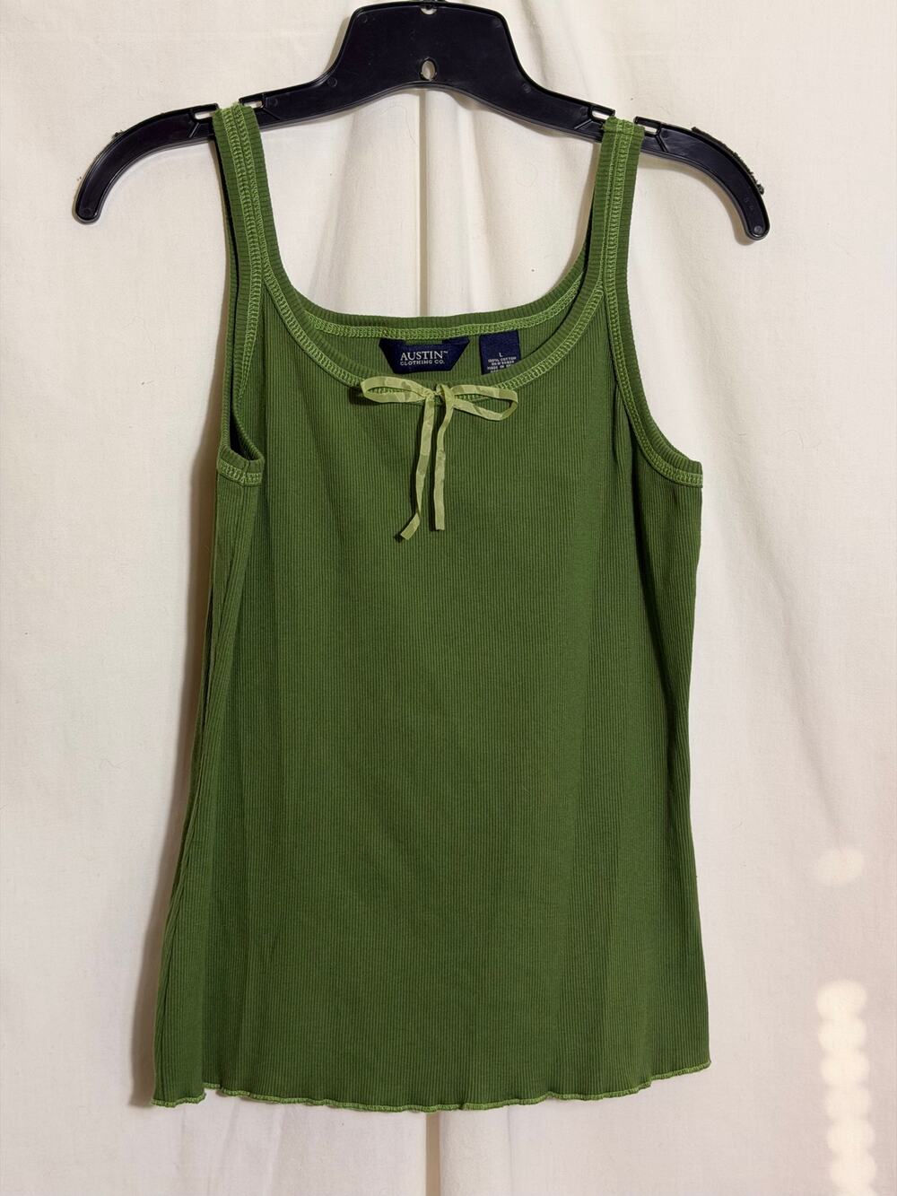 Austin Clothing Co Green Ribbed Tank Top Womens Large Bow Detail Lettuce Hem Y2K